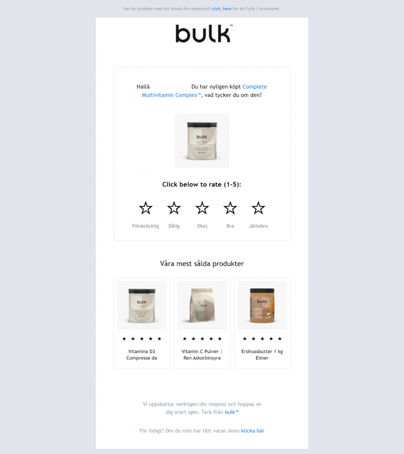 Post-purchase email from Bulk with a feedback form