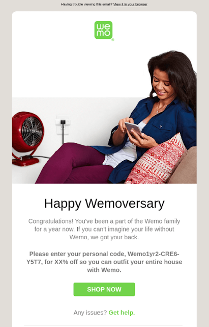 Happy Anniversary email from Wemo