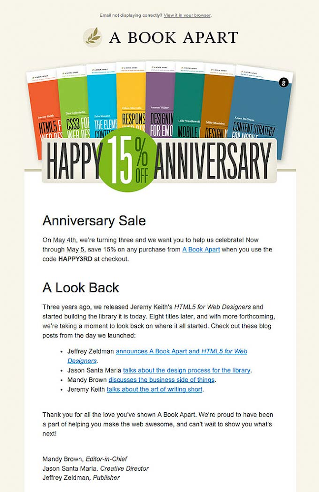 Happy Anniversary email from A Book Apart