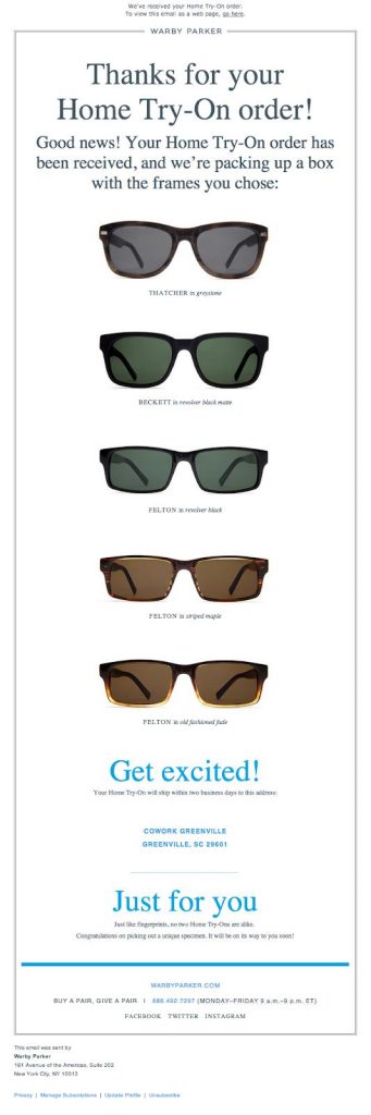 Warby Parker retention email example