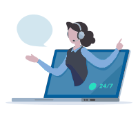 A tech support representative leans forward and reaches through a computer monitor, as if to help someone.