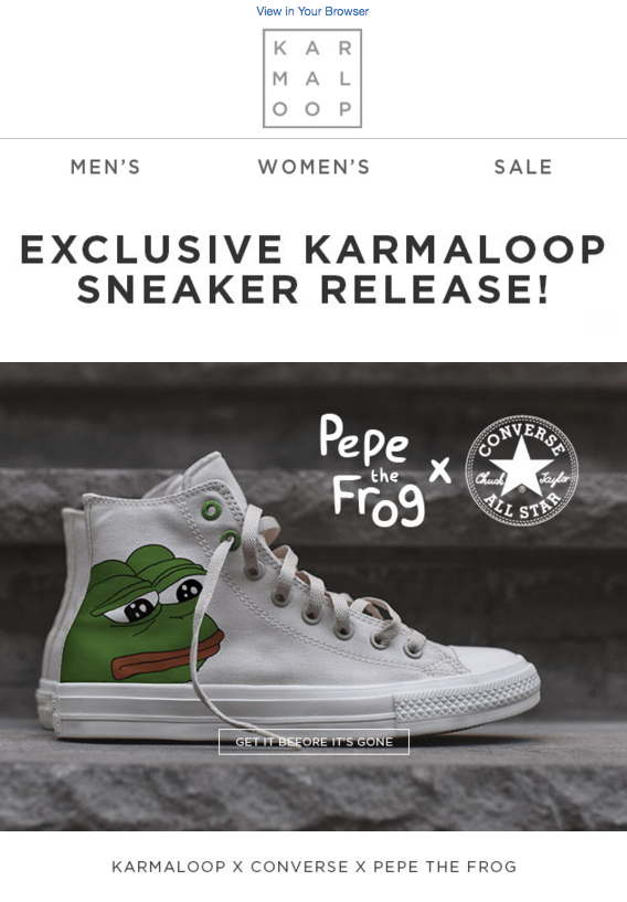 White sneaker shoe with Pepe the Frog's face on the upper part of the shoe heel.