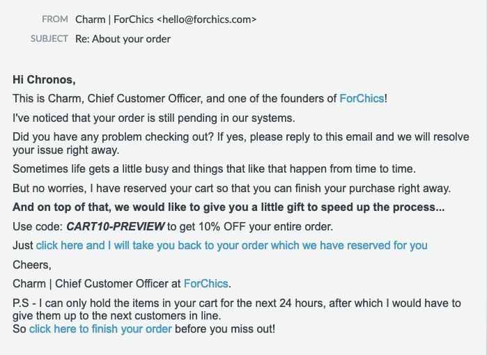 Cart recovery email sample from Forchics