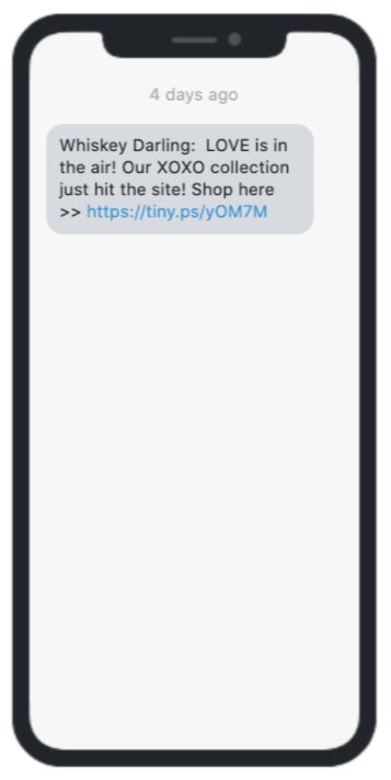 Sample product collection announcement SMS from Whiskey Darling