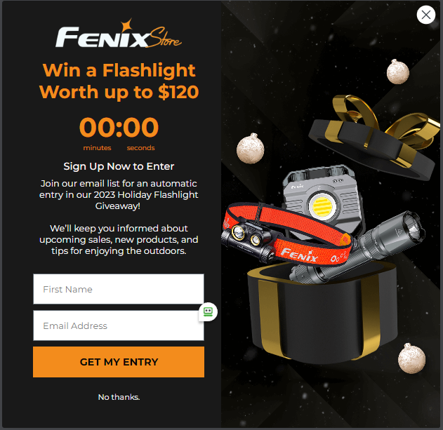 Holiday email sign-up popup for flashlight giveaway with first name and email fields.