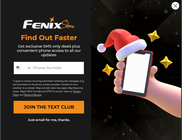 Holiday SMS opt-in popup on Fenix Store offering exclusive deals and updates with phone number field.