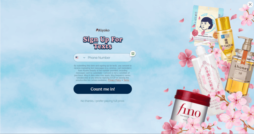 Email and SMS capture steps of Kiyoko Beauty’s full-page pop-up offering up to 20% off and sign-up for texts.