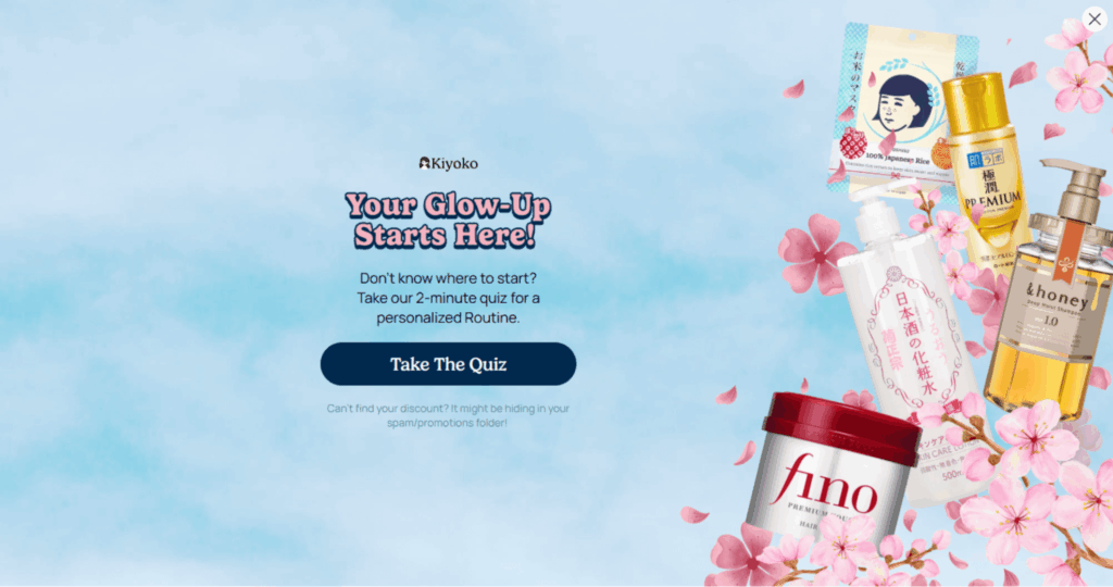 Final step of Kiyoko Beauty pop-up inviting visitors to take a 2-minute quiz for a personalized skincare routine.