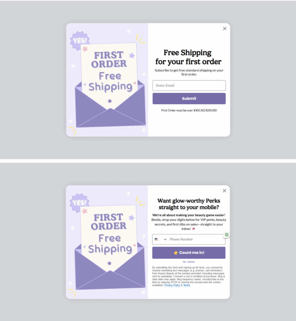 Kiyoko Beauty’s standard half-screen pop-up offering free shipping on first order with email and phone number fields.