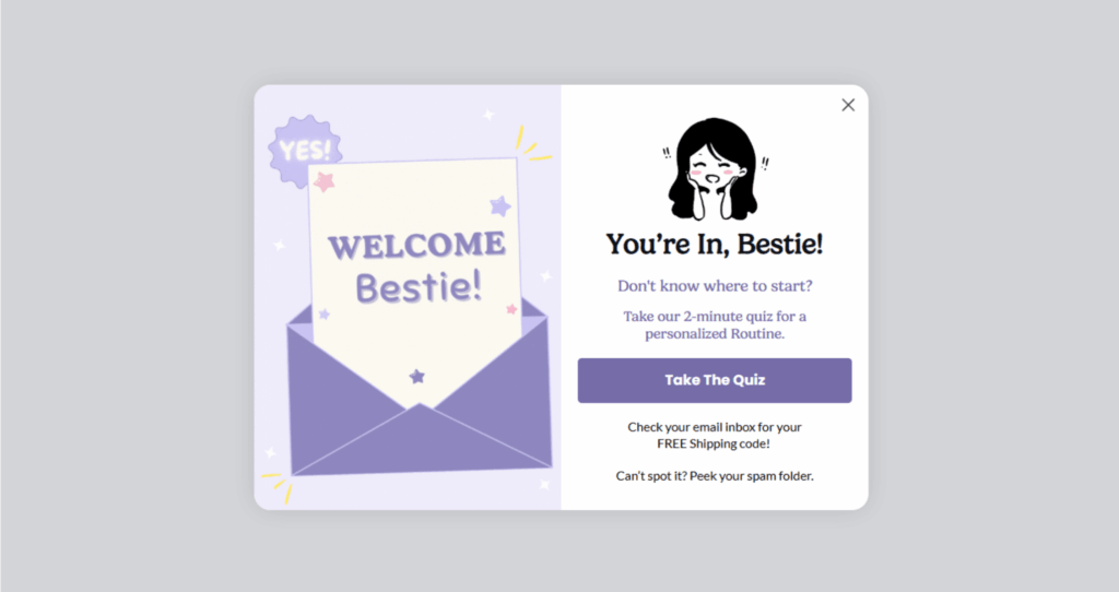 Welcome confirmation pop-up telling Kiyoko Beauty subscribers they’re in and prompting them to take the skincare quiz.