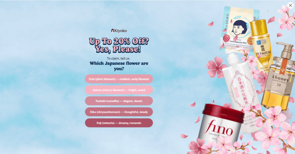 Kiyoko Beauty full-page J-Beauty quiz pop-up asking which Japanese flower the visitor is, with product imagery on a blue background.