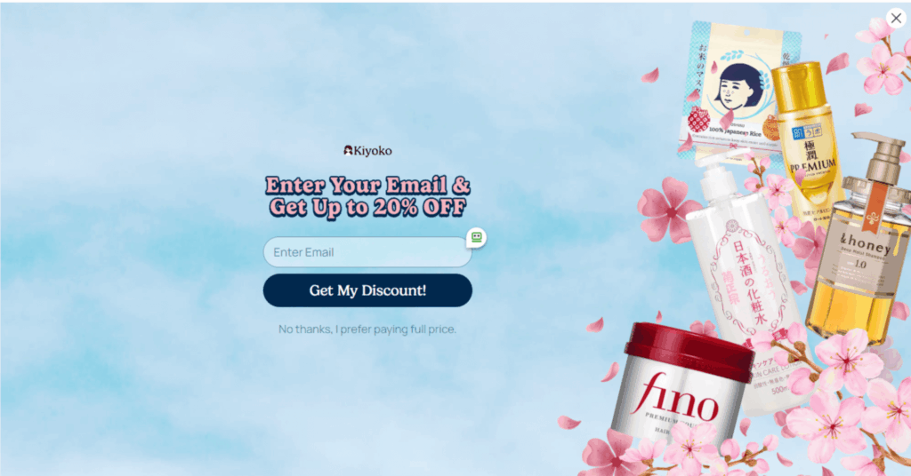 Email and SMS capture steps of Kiyoko Beauty’s full-page pop-up offering up to 20% off and sign-up for texts.