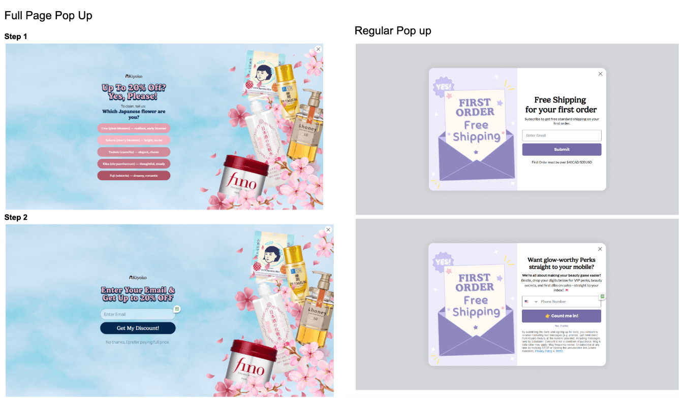 Kiyoko full-page pop-up vs standard pop-up comparison Kiyoko full-page pop-up vs standard pop-up comparison
