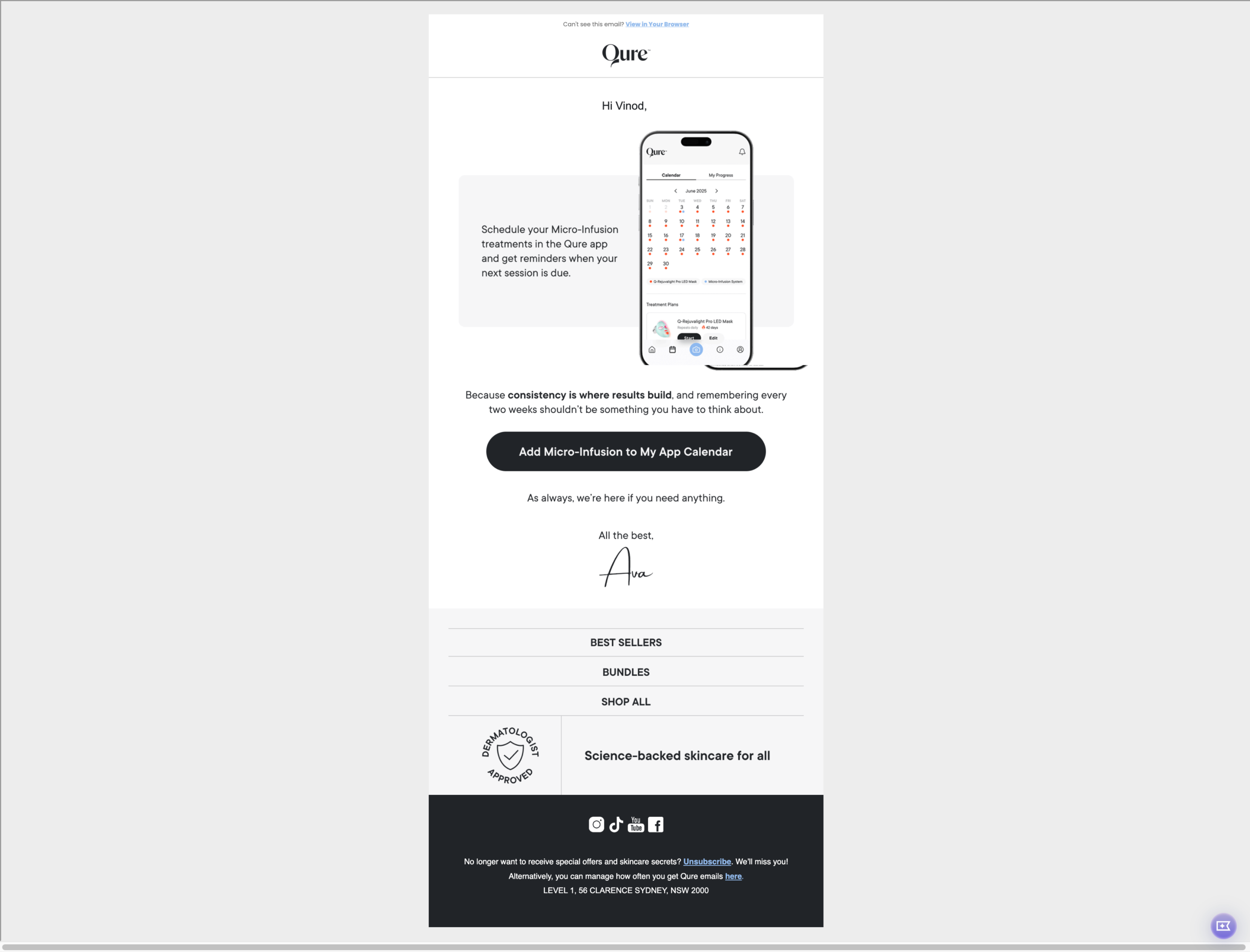 Qure Skincare post-purchase email asking customer to add treatment schedule to their calendar, single CTA, no discount