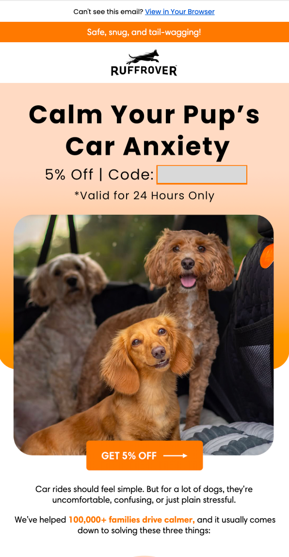 Anonymous pet accessories brand education email part 1, addressing a real customer problem