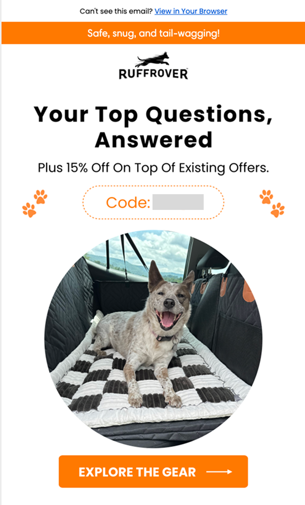 Anonymous pet accessories brand objection buster email part 1, addressing common product FAQs with zero discount