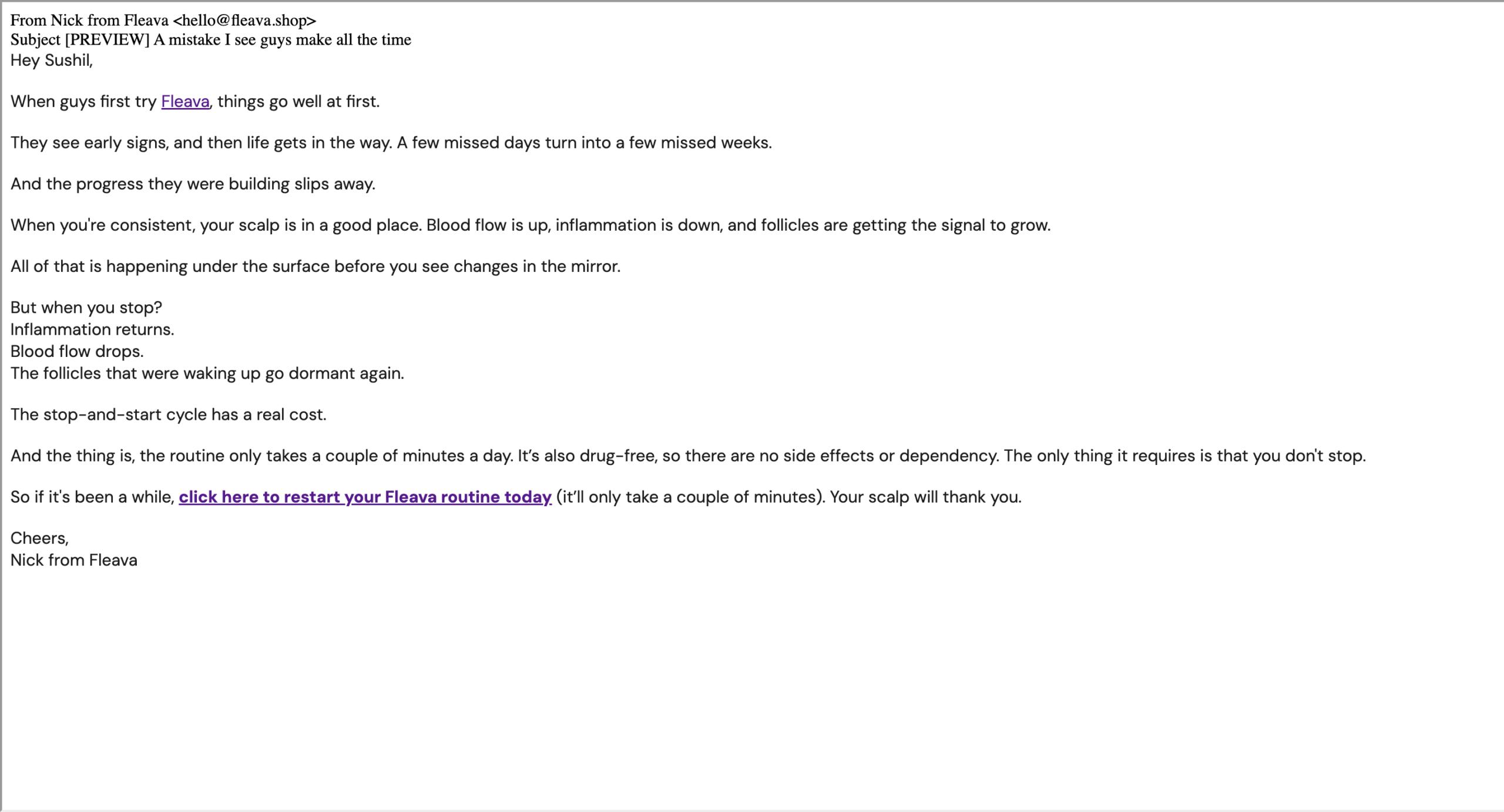 Fleava plain-text education email from Nick from Fleava