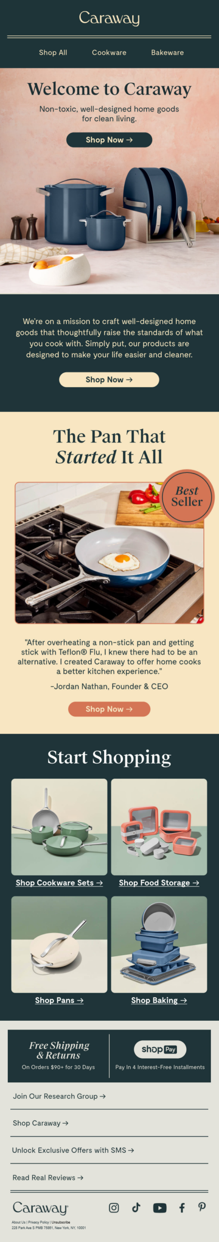 Caraway welcome email featuring a CEO note and brand story with no discount offer