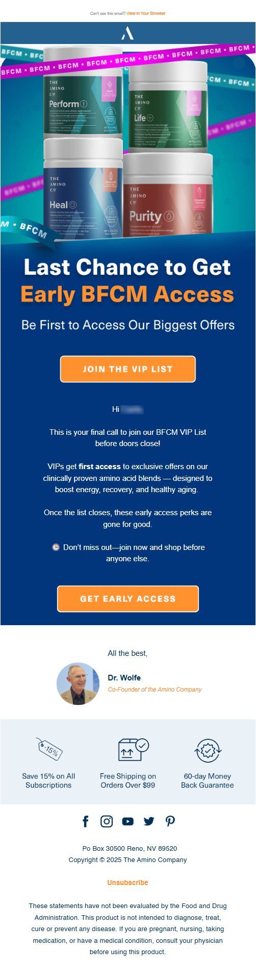 AminoCo email: last chance to get early BFCM access by joining the VIP list