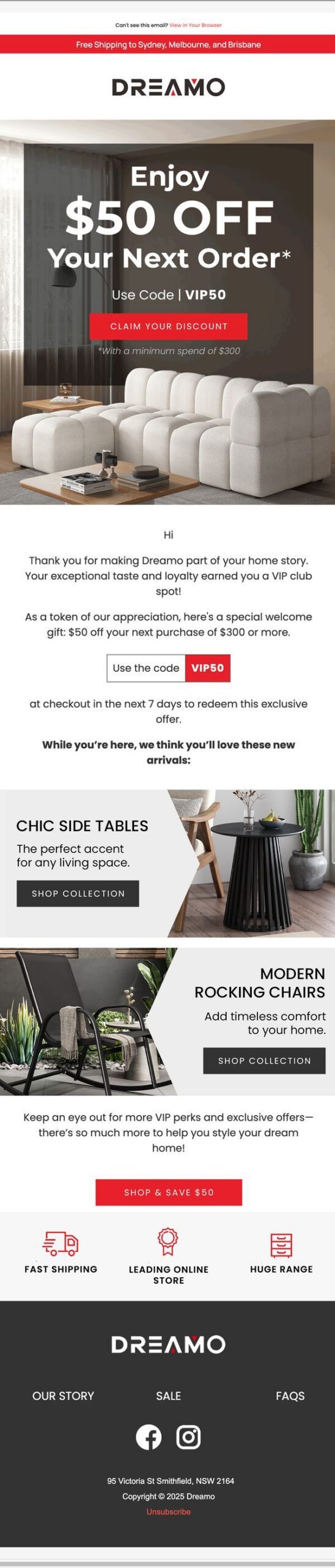Dreamo VIP welcome email offering $50 off a minimum spend of $300