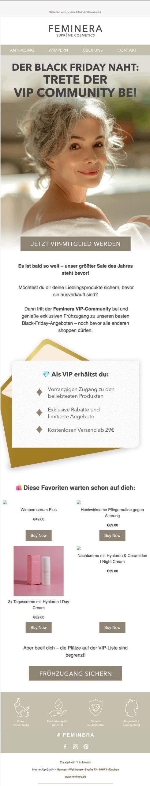 Feminera German-language email inviting subscribers to join the VIP community before Black Friday