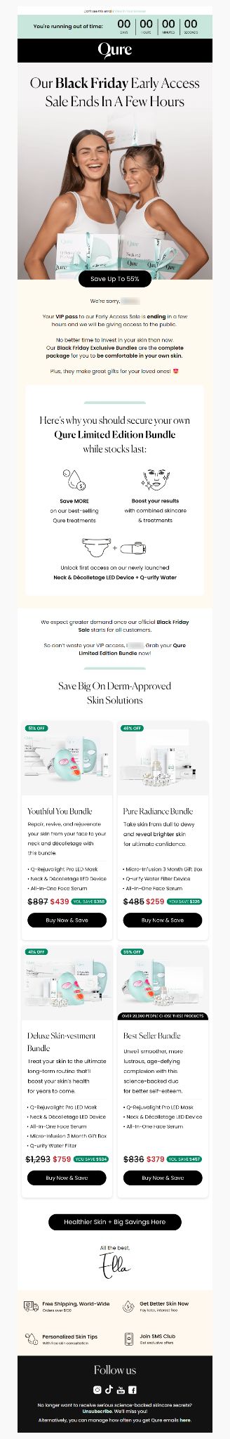 Qure email with a countdown timer saying the Black Friday early access sale ends in a few hours
