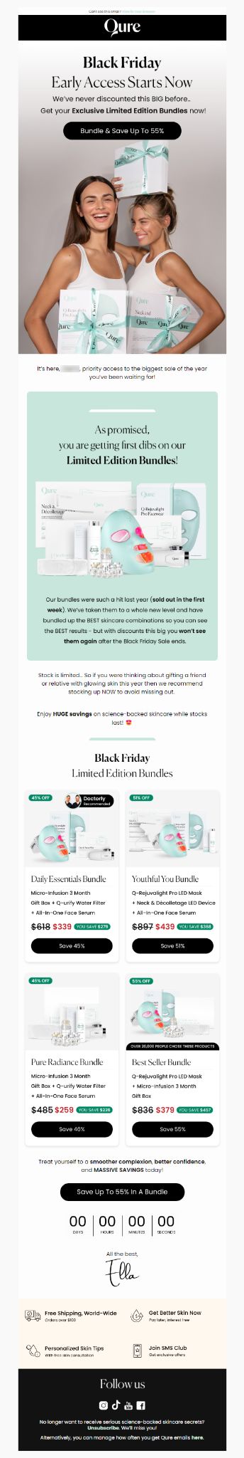 Qure Black Friday early access email announcing limited edition bundles at up to 55% off
